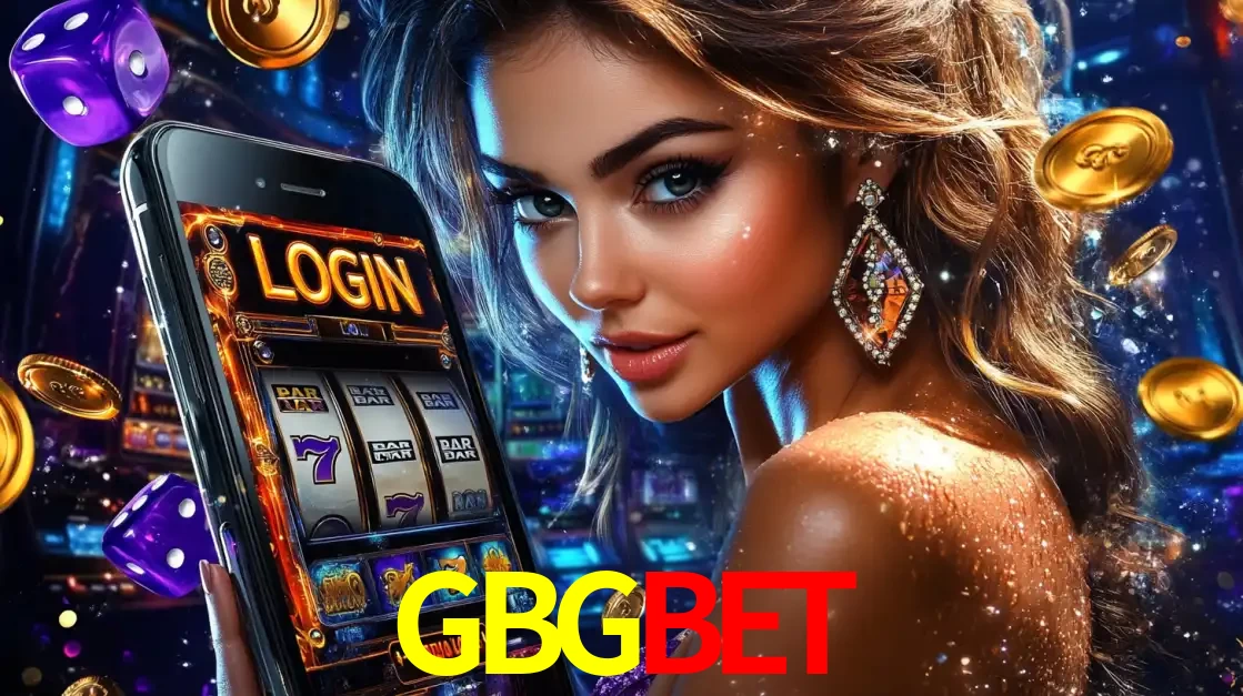 Mulher glamorosa segurando um smartphone com a tela de login para os jogos de caça-níqueis do cassino online GBGBET, com moedas de ouro e dados ao redor.
